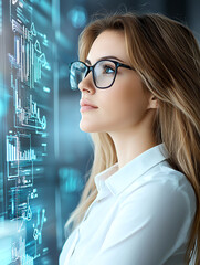Poster - Empowered woman analyzing growth metrics for strategic business decisions in a high-tech environment