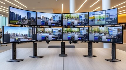 Poster - UltraWide Monitor Array Displaying Cityscape and Nature Scenes in Modern Office : Generative AI