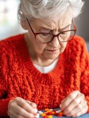 Senior woman focused on playing board game indoors wearing knitted sweater.