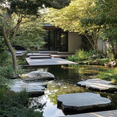 Japanese garden with tranquil water features