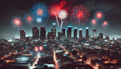 Poster - A vibrant nighttime cityscape featuring a skyline illuminated by colorful fireworks celebrating a festive occasion.