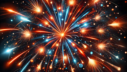 Poster - A vibrant display of fireworks bursting in a dark sky, featuring bright colors and dynamic patterns.