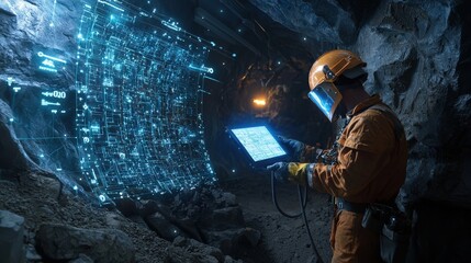 Welder inside a mine, digital blueprints overlaying walls with fair light highlighting each contour