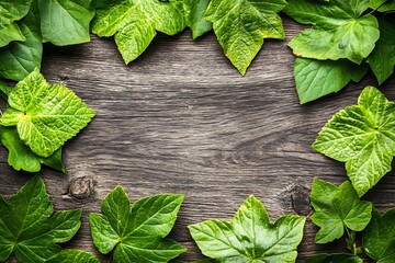 Poster - Close Up of Lush Green Ivy Leaves on a Rustic Wooden Background : Generative AI