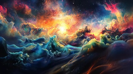 Wall Mural - a vibrant, abstract landscape with swirling clouds and a bright sun in the sky