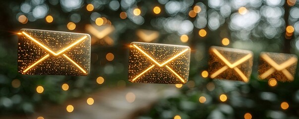Poster - Golden Email Icons in a Bokeh Background Communication Concept Digital Messaging
