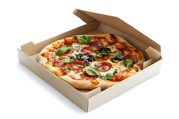 Freshly baked pepperoni pizza with mozzarella cheese, black olives, and basil leaves, served in an open cardboard takeaway box on a white background