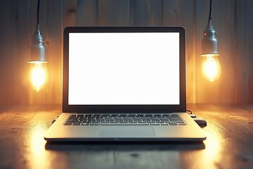 Poster - Laptop with blank screen on wooden desk with hanging light bulbs