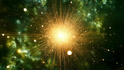 Wall Mural - a bright, golden light explodes in a burst of energy against a dark, green nebula, with tiny stars s