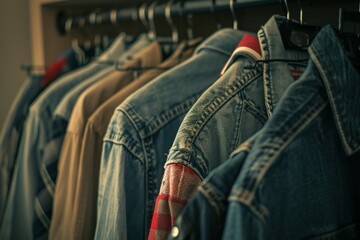 A row of denim jackets hanging on a rack