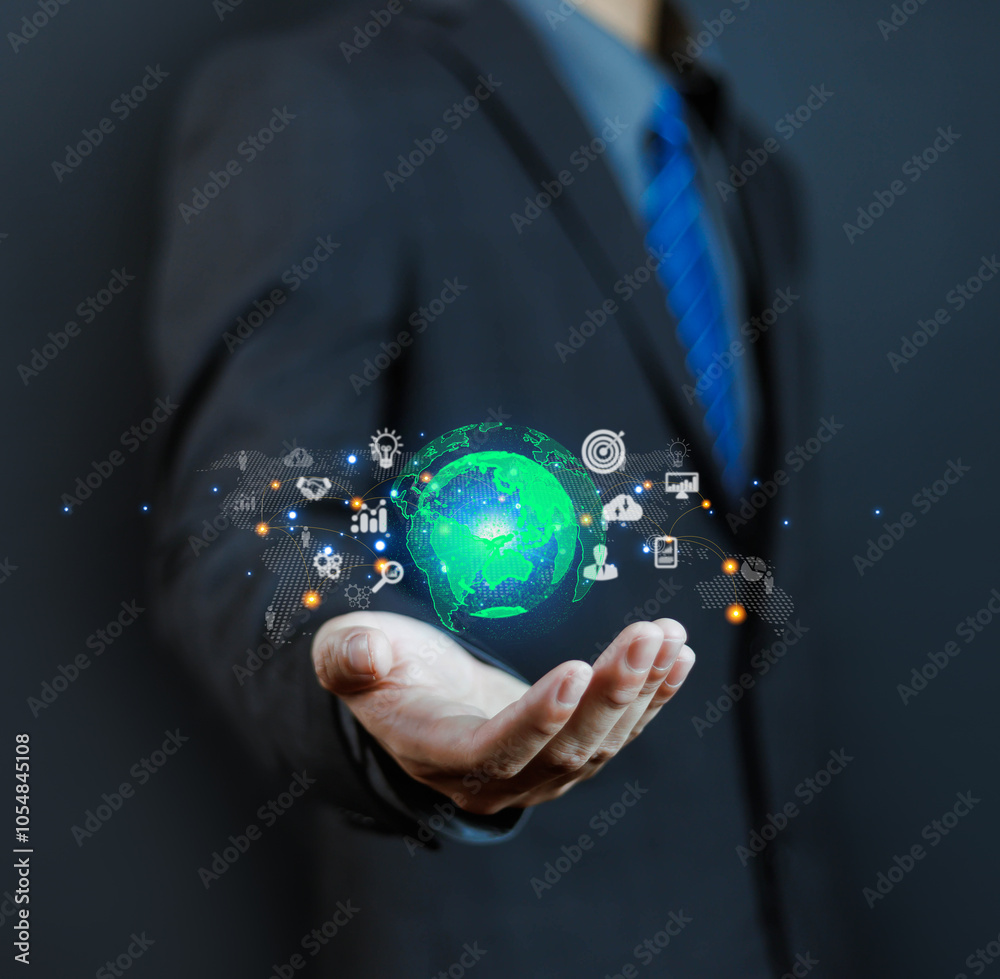 Hand holding globe with data connection network icon, Developing the ...
