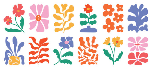 Wall Mural - botanical doodle background art vector set. flower and leaves abstract shape doodle art design for p