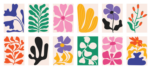 Wall Mural - botanical doodle background art vector set. flower and leaves abstract shape doodle art design for p
