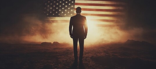 Poster - Silhouette businessman formal suit with America flag. 4th of July or independence day background. Generative AI technology.	

