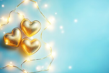 Two golden hearts with luminous garland on light blue background. Selective focus. Valentines day card. Closeup. Valentine's day concept. Banner. with generative ai