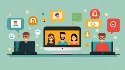 Wall Mural - Illustration of an online meeting in flat style, featuring people talking over video call, colorful and simple design