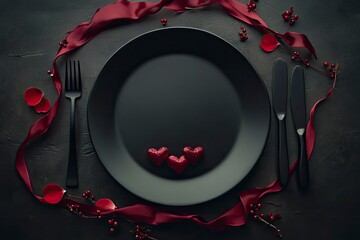 Valentines day romantic table setting. Empty or closeup of a dinner black plate, knife, fork and decorative silk hearts on black background. Holiday concept. with generative ai