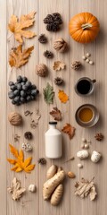 Wall Mural - Autumn Essentials for Thanksgiving and Halloween Cozy Flat Lay with Pumpkins and Seasonal Decor