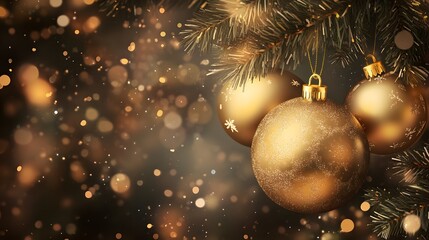 Elegant gold christmas baubles on a bokeh background,banner