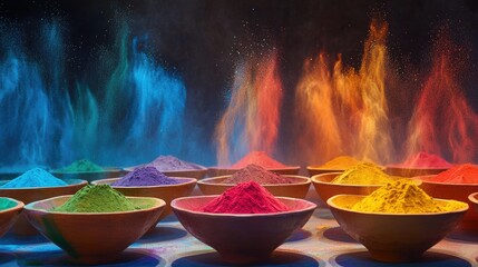 Canvas Print - An artistic display of vibrant bowls filled with colorful powders, commonly used in festive celebrations, creating a lively and celebratory atmosphere.