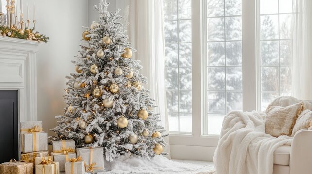 An elegant layout featuring a snowy Christmas tree, adorned with golden ornaments, bringing warmth and joy to any holiday celebration.