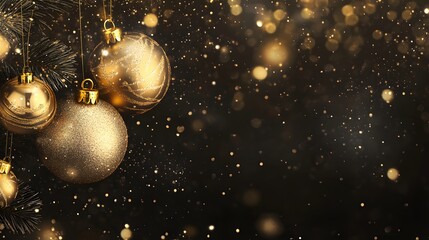 Wall Mural - Elegant gold christmas baubles on a bokeh background,banner