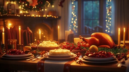 photograph of A cozy, warm family setting around a dinner table filled with traditional dishes like turkey, mashed potatoes, cranberry sauce, and pie.