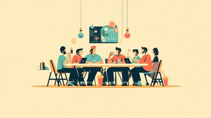 Wall Mural - Remote work team flat illustration, featuring characters on a video call, clean layout with minimal details