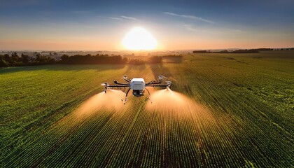 A drone sprays crops in a vast field during sunset, showcasing modern agriculture technology and sustainable farming practices.