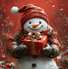 Wall Mural - A snowman wearing festive , holding presents in his hands and smiling happily, with a red background, holly leaves decorating the ground, surrounded by Christmas decorations, in warm tones 