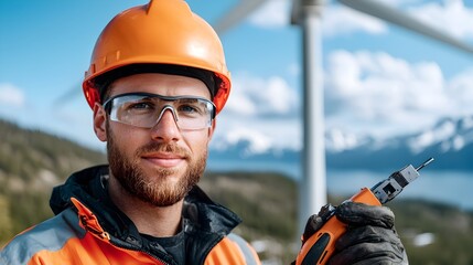 Wall Mural - Wind Turbine Technician in Reflective Safety Gear Using Power Tools to Maintain Offshore Turbine Blades with Ocean Landscape in the Background