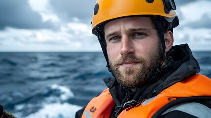 Wall Mural - Technician in high visibility jacket and helmet using safety ropes to inspect and maintain wind turbine blades offshore with stormy ocean waves visible below