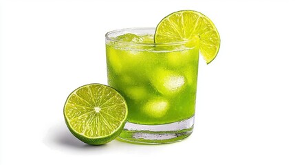 A photostock of a classic caipirinha cocktail with lime on a white background, refreshing and tropical.