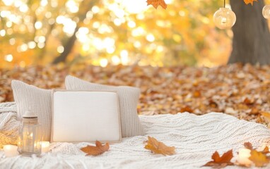 Wall Mural - Cozy Outdoor Autumn Seating with Lanterns and Blankets for Relaxation