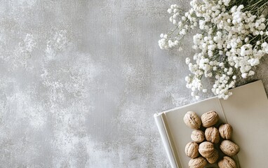 Canvas Print - Elegant Flat Lay of Assorted Walnuts and Delicate White Flowers on Textured Surface