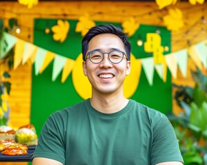 Wall Mural - Smiling Young Man Enjoying Outdoor Autumn BBQ Gathering