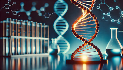 Poster - A vibrant representation of DNA strands, laboratory equipment, and molecular structures, highlighting the intersection of biology and chemistry.