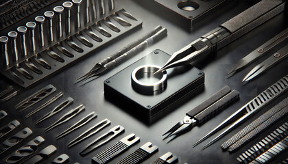 Poster - A collection of precise tools arranged methodically, highlighting a focal point of craftsmanship in a dark setting.