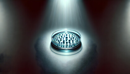 Poster - A circular object with holes is illuminated by dramatic lights, creating a striking visual contrast on a dark background.