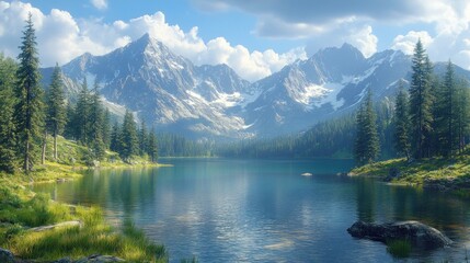 Naklejka na meble Serene mountain landscape with a tranquil lake and lush greenery.