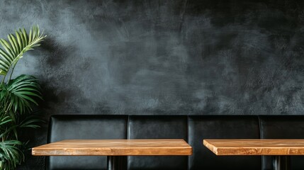 Stylish minimalism, two tables and a touch of greenery against bold black wall