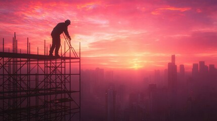 Wall Mural - construction worker leaning on scaffolding at high elevation without protective gear during sunrise