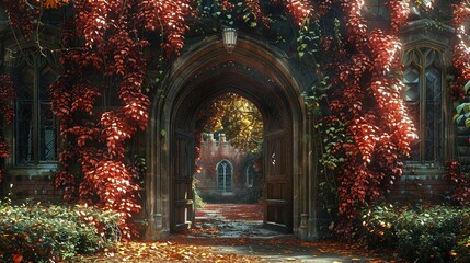 A picturesque archway covered in vibrant red foliage, leading to a serene courtyard.