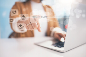 Poster - Hand, hologram and woman with laptop, icon and business with internet, connection and website info. Closeup, person and employee with technology, computer and typing with symbol, sign and holographic
