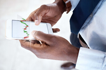 Poster - Businessman, hands or phone screen with hologram for stock market, crypto trade or growth chart in office. Person, mobile or digital overlay on display for exchange, increase or future of business