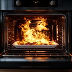 An oven with bright flames and smoke rising from a baking tray, indicating a potential fire hazard during cooking.