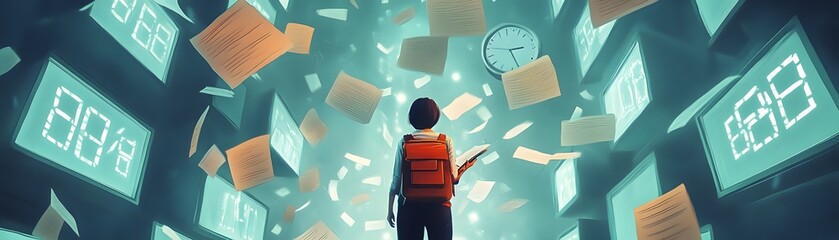 Poster - A person explores a digital world filled with floating screens and documents, symbolizing data management and technology.