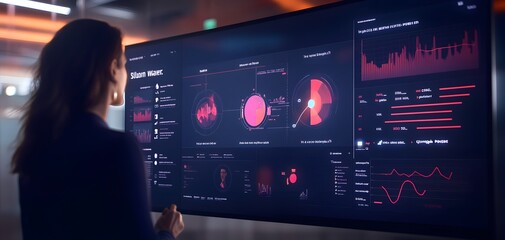 Poster - a professional analyzing data on a modern touchscreen display with vibrant graphs and metrics in a s