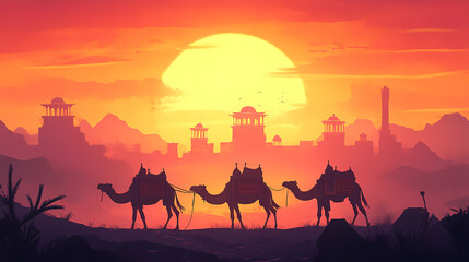 Wall Mural - Silk road caravan camels against ancient city architecture desert sunset historical trade route scene. Ancient Silk Road Caravan. Illustration