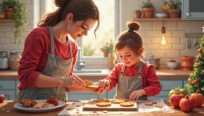 Mother and Daughter Joyfully Baking Christmas Cookies in Cozy Kitchen